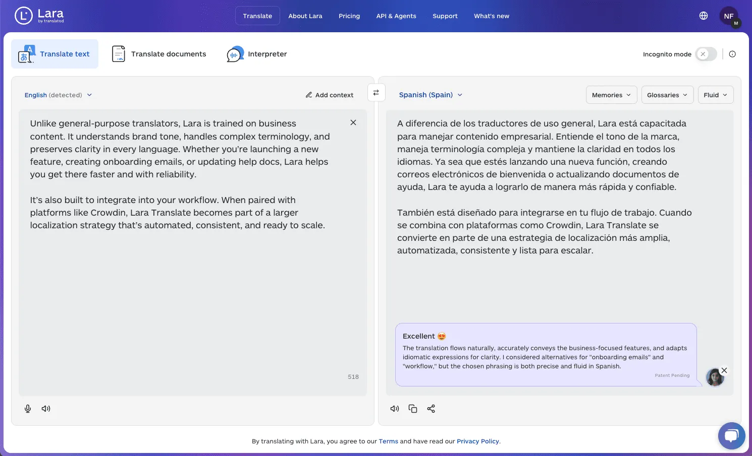 Lara Translate interface